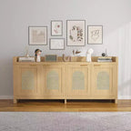 Natural Rattan TV Stand for 65 Inch TV, 61.5 Entertainment Center with Glass Doors, Storage Cabinet