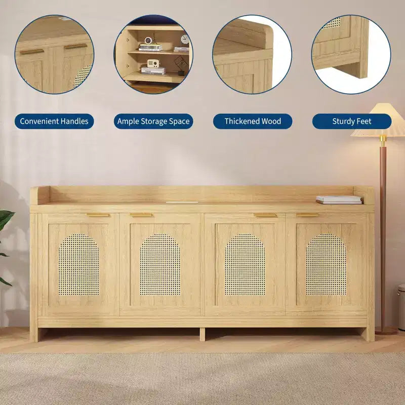 Natural Rattan TV Stand for 65 Inch TV, 61.5 Entertainment Center with Glass Doors, Storage Cabinet