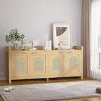 Natural Rattan TV Stand for 65 Inch TV, 61.5 Entertainment Center with Glass Doors, Storage Cabinet