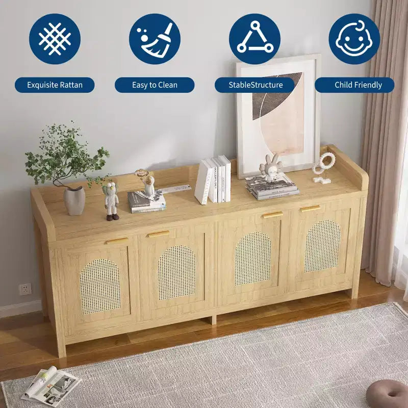 Natural Rattan TV Stand for 65 Inch TV, 61.5 Entertainment Center with Glass Doors, Storage Cabinet