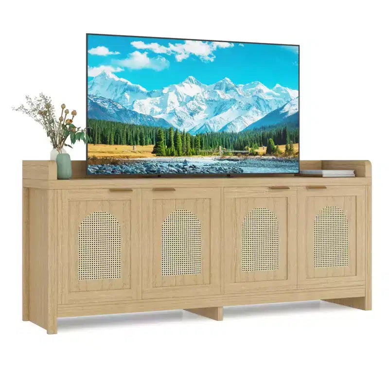 Natural Rattan TV Stand for 65 Inch TV, 61.5 Entertainment Center with Glass Doors, Storage Cabinet