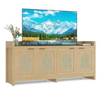 Natural Rattan TV Stand for 65 Inch TV, 61.5 Entertainment Center with Glass Doors, Storage Cabinet