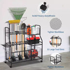 Tool Organizer With Wheels,3 Tier Yard Storage Rack with 6 Shelves & Basket,Freestanding Garage Tool Organizer for Yard Shed and Lawn