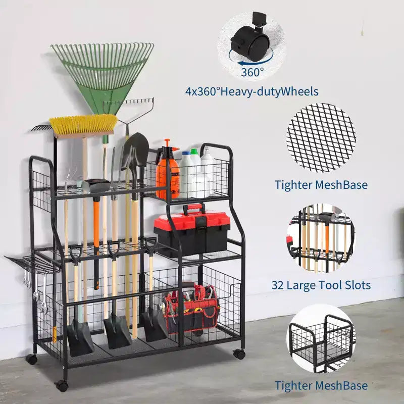 Tool Organizer With Wheels,3 Tier Yard Storage Rack with 6 Shelves & Basket,Freestanding Garage Tool Organizer for Yard Shed and Lawn
