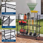 Tool Organizer With Wheels,3 Tier Yard Storage Rack with 6 Shelves & Basket,Freestanding Garage Tool Organizer for Yard Shed and Lawn