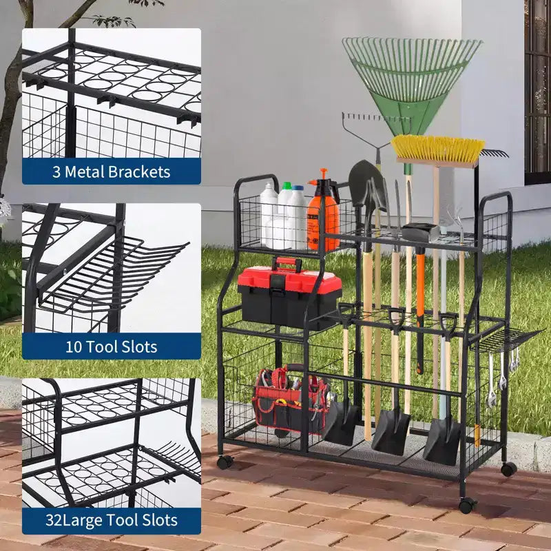 Tool Organizer With Wheels,3 Tier Yard Storage Rack with 6 Shelves & Basket,Freestanding Garage Tool Organizer for Yard Shed and Lawn
