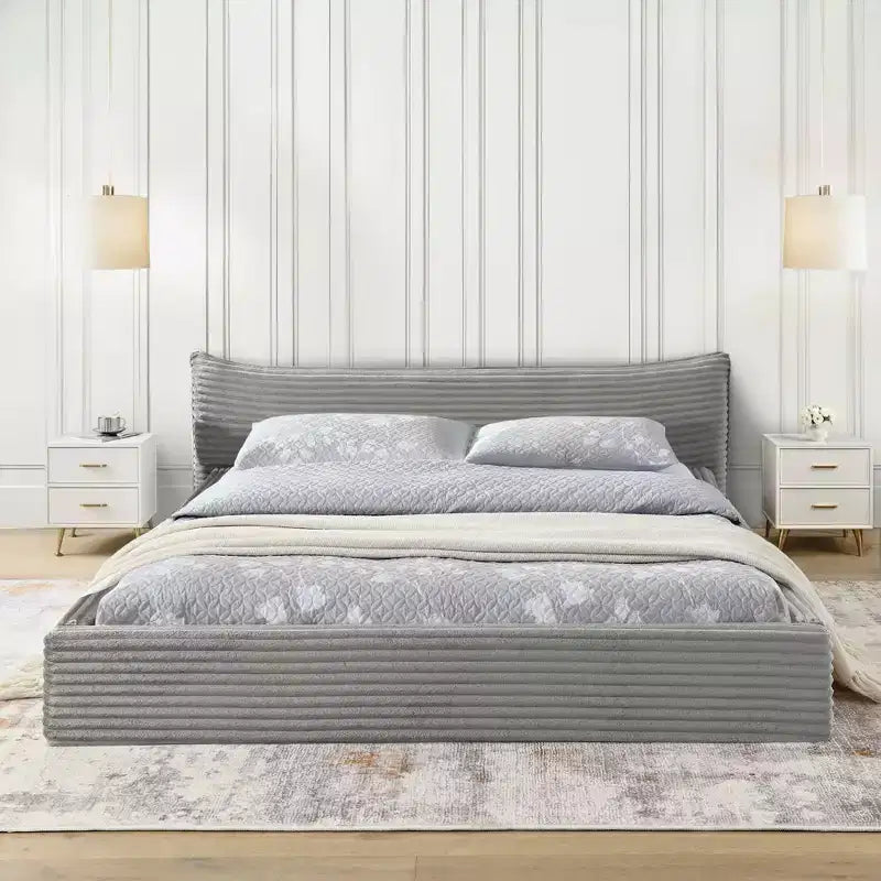MAYEERTY Queen Size Upholstered Bed Frame with Chenille Fabric with Pleated Headboard Solid Frame for Bedroom Gray