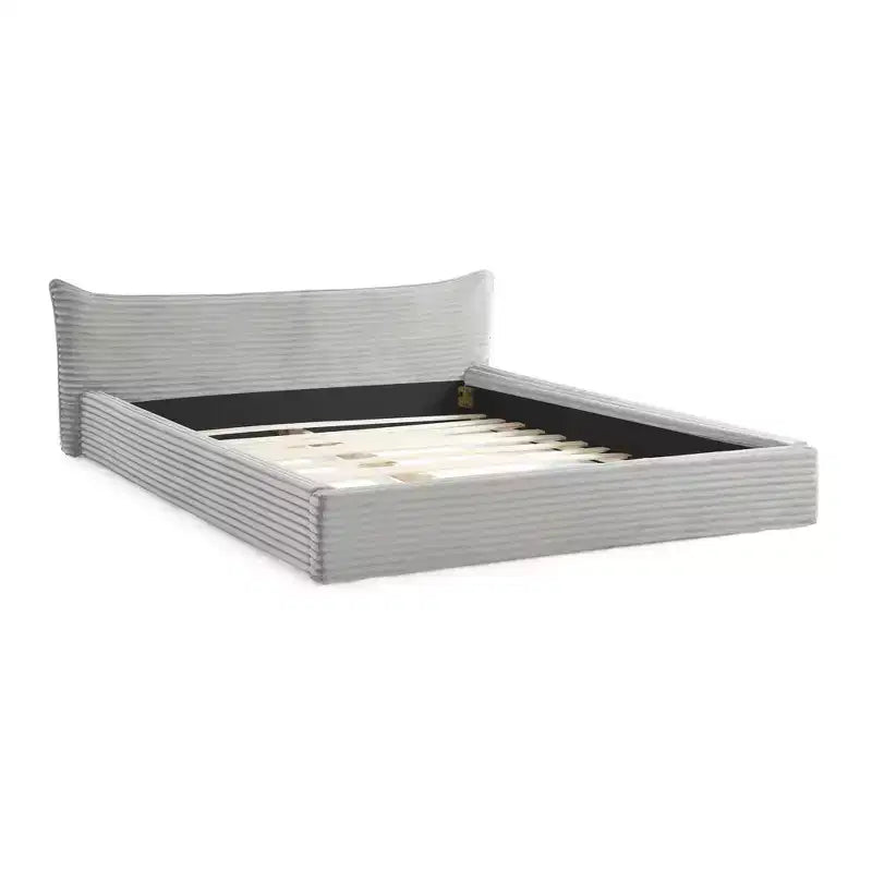 Queen Size Upholstered Bed Frame with Chenille Fabric with Pleated Headboard Solid Frame for Bedroom Gray