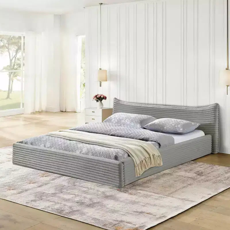 Queen Size Upholstered Bed Frame with Chenille Fabric with Pleated Headboard Solid Frame for Bedroom Gray