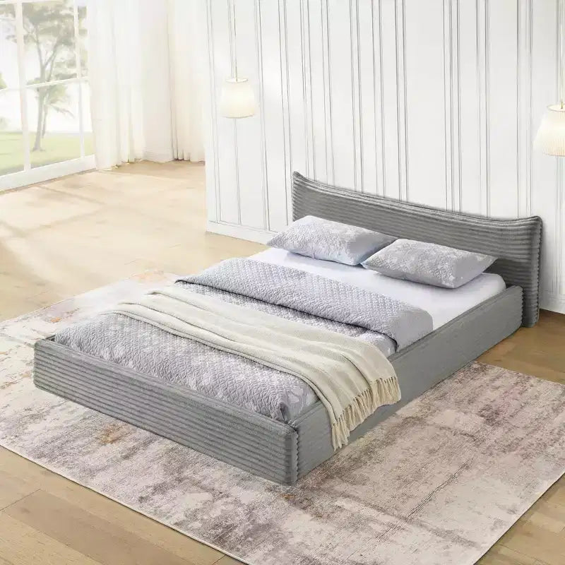 Queen Size Upholstered Bed Frame with Chenille Fabric with Pleated Headboard Solid Frame for Bedroom Gray