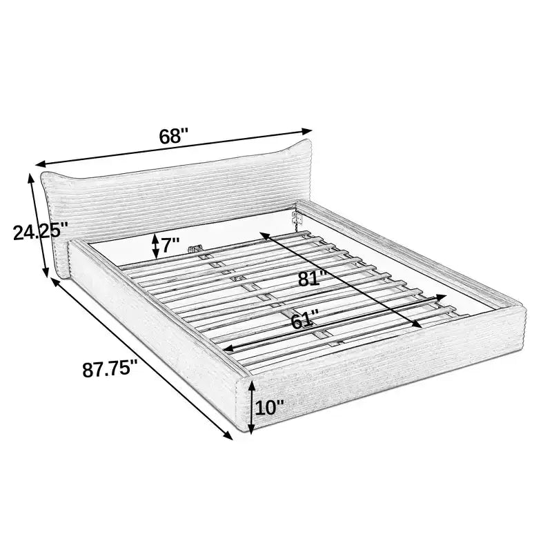 Queen Size Upholstered Bed Frame with Chenille Fabric with Pleated Headboard Solid Frame for Bedroom Gray