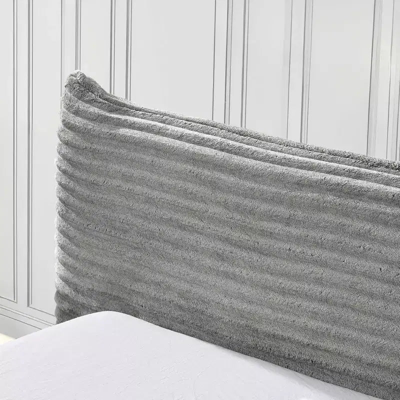 Queen Size Upholstered Bed Frame with Chenille Fabric with Pleated Headboard Solid Frame for Bedroom Gray