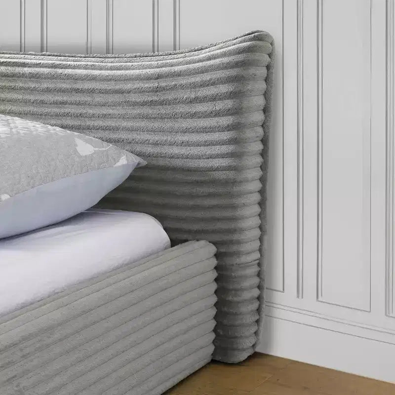 Queen Size Upholstered Bed Frame with Chenille Fabric with Pleated Headboard Solid Frame for Bedroom Gray