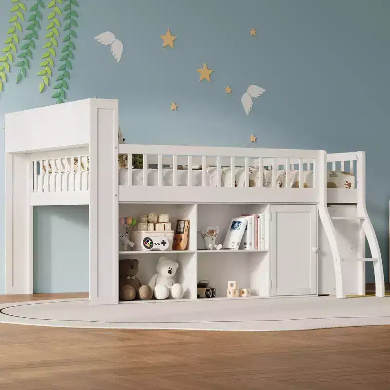 Full Size Loft Bed Frame with Storage, Built-in Headboard, Space-Saving Design