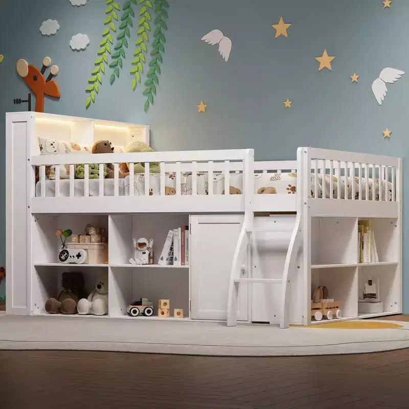 Full Size Loft Bed Frame with Storage, Built-in Headboard, Space-Saving Design