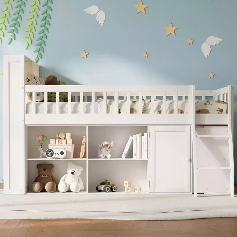 Full Size Loft Bed Frame with Storage, Built-in Headboard, Space-Saving Design