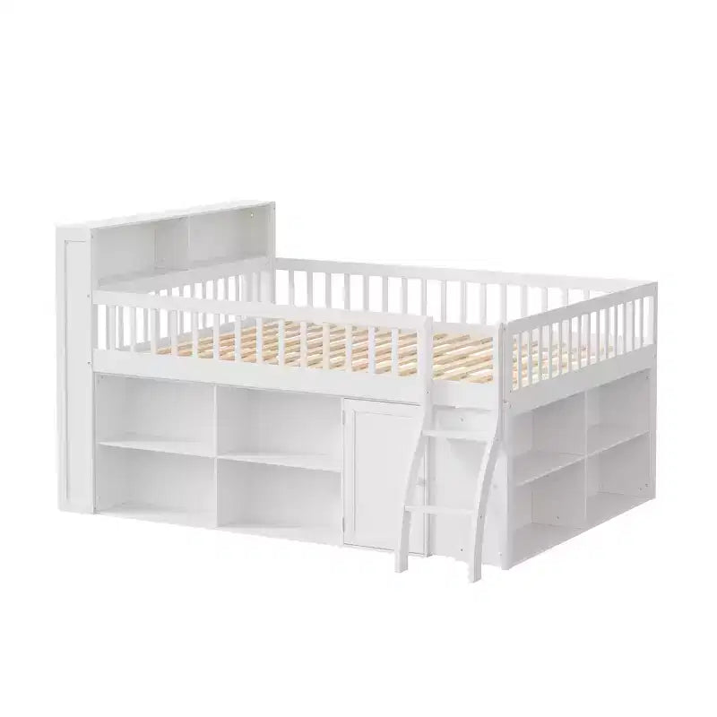 Full Size Loft Bed Frame with Storage, Built-in Headboard, Space-Saving Design
