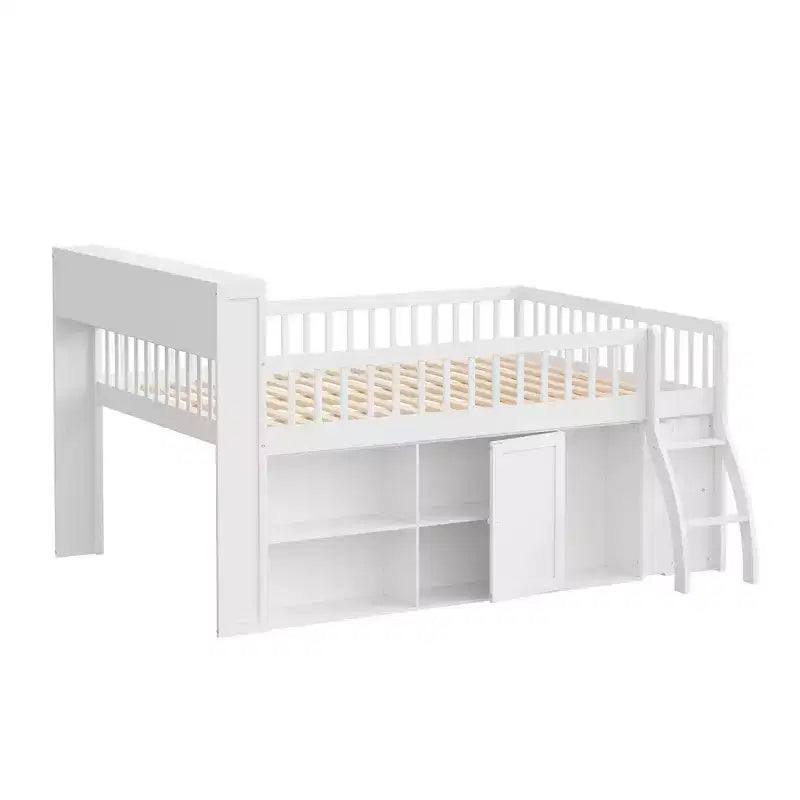 Full Size Loft Bed Frame with Storage, Built-in Headboard, Space-Saving Design