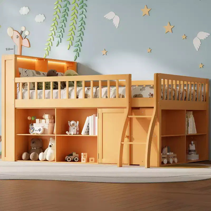 Full Size Loft Bed Frame with Storage, Built-in Headboard, Space-Saving Design