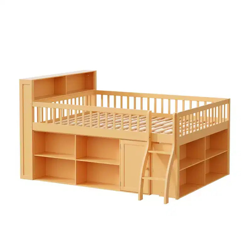 Full Size Loft Bed Frame with Storage, Built-in Headboard, Space-Saving Design
