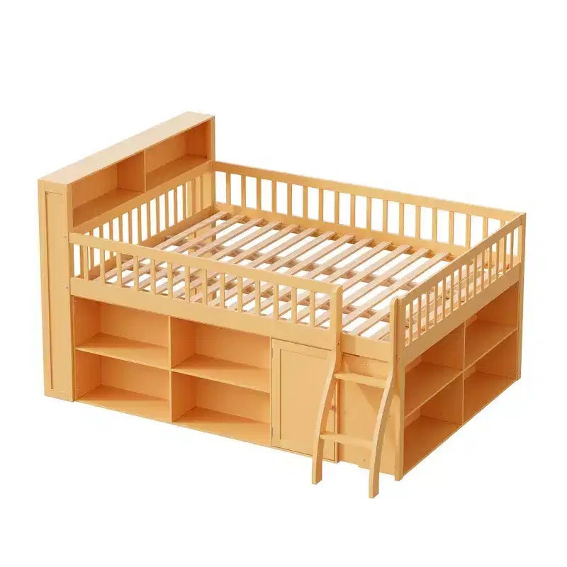 Full Size Loft Bed Frame with Storage, Built-in Headboard, Space-Saving Design