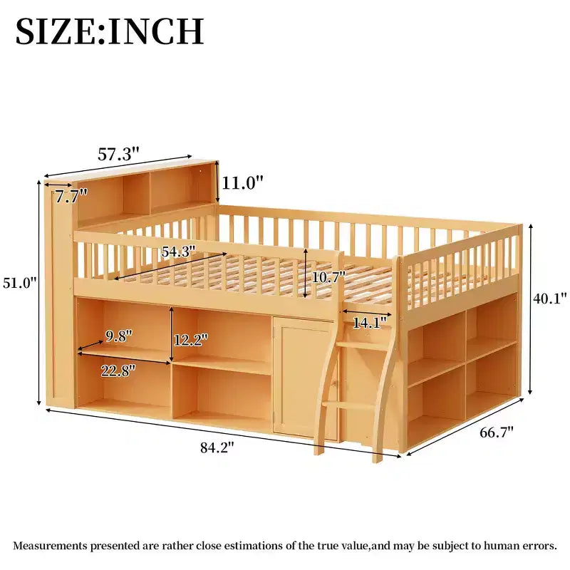 Full Size Loft Bed Frame with Storage, Built-in Headboard, Space-Saving Design