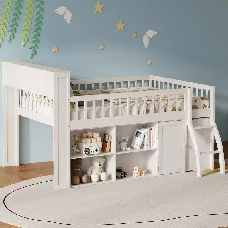 Full Size Loft Bed Frame with Storage, Built-in Headboard, Space-Saving Design