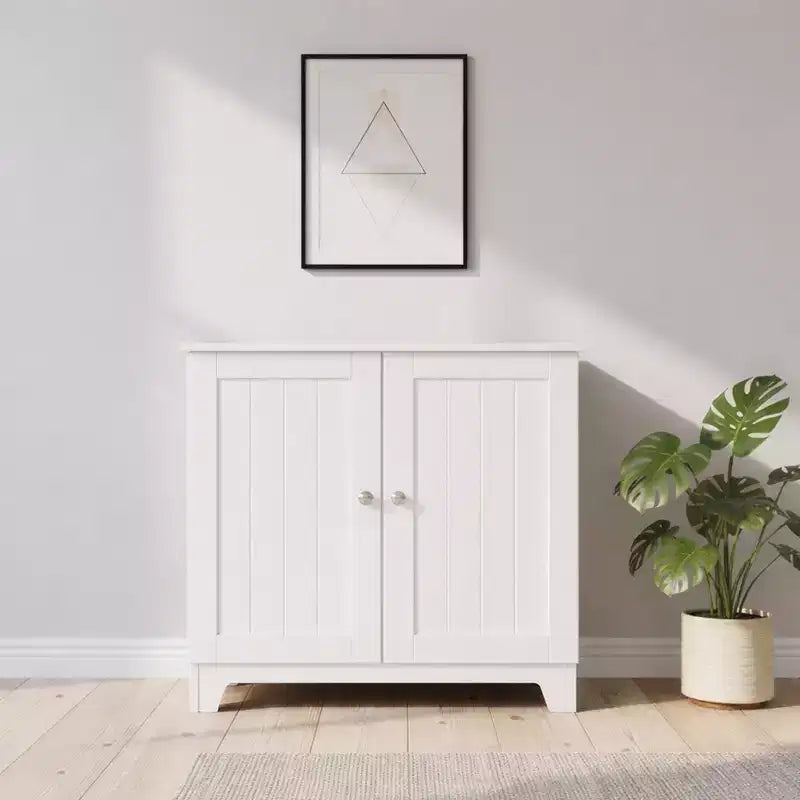 Double Door Freestanding Floor Cabinet, Modern Wooden Furniture, White