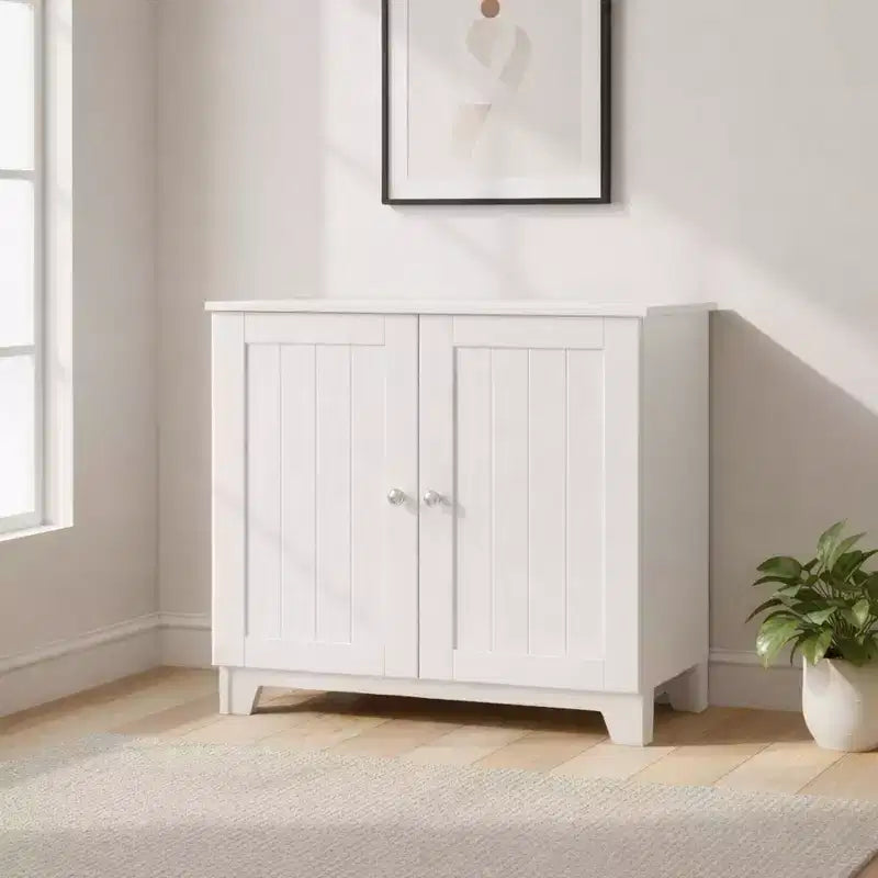 Double Door Freestanding Floor Cabinet, Modern Wooden Furniture, White