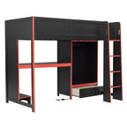 Twin/Full Gaming Loft Bed with Desk and LED Lights, Wood Loft Bed with Built-in Wardrobe and Drawers