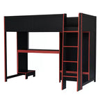 Twin/Full Gaming Loft Bed with Desk and LED Lights, Wood Loft Bed with Built-in Wardrobe and Drawers