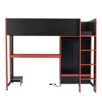 Twin/Full Gaming Loft Bed with Desk and LED Lights, Wood Loft Bed with Built-in Wardrobe and Drawers