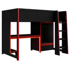 Twin/Full Gaming Loft Bed with Desk and LED Lights, Wood Loft Bed with Built-in Wardrobe and Drawers
