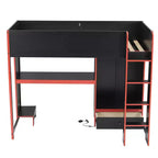 Twin/Full Gaming Loft Bed with Desk and LED Lights, Wood Loft Bed with Built-in Wardrobe and Drawers