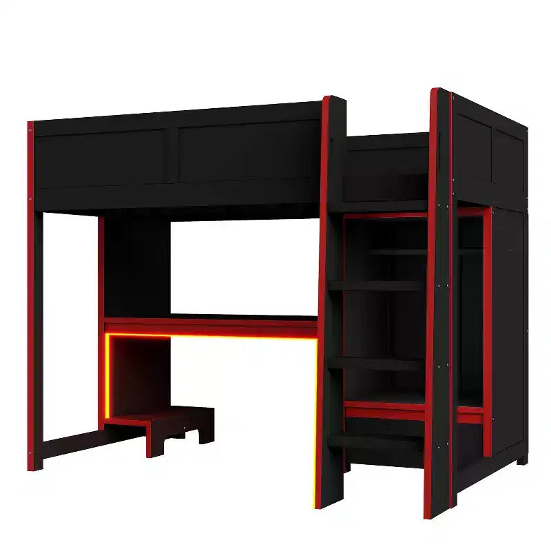 Twin/Full Gaming Loft Bed with Desk and LED Lights, Wood Loft Bed with Built-in Wardrobe and Drawers