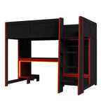 Twin/Full Gaming Loft Bed with Desk and LED Lights, Wood Loft Bed with Built-in Wardrobe and Drawers