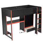 Twin/Full Gaming Loft Bed with Desk and LED Lights, Wood Loft Bed with Built-in Wardrobe and Drawers