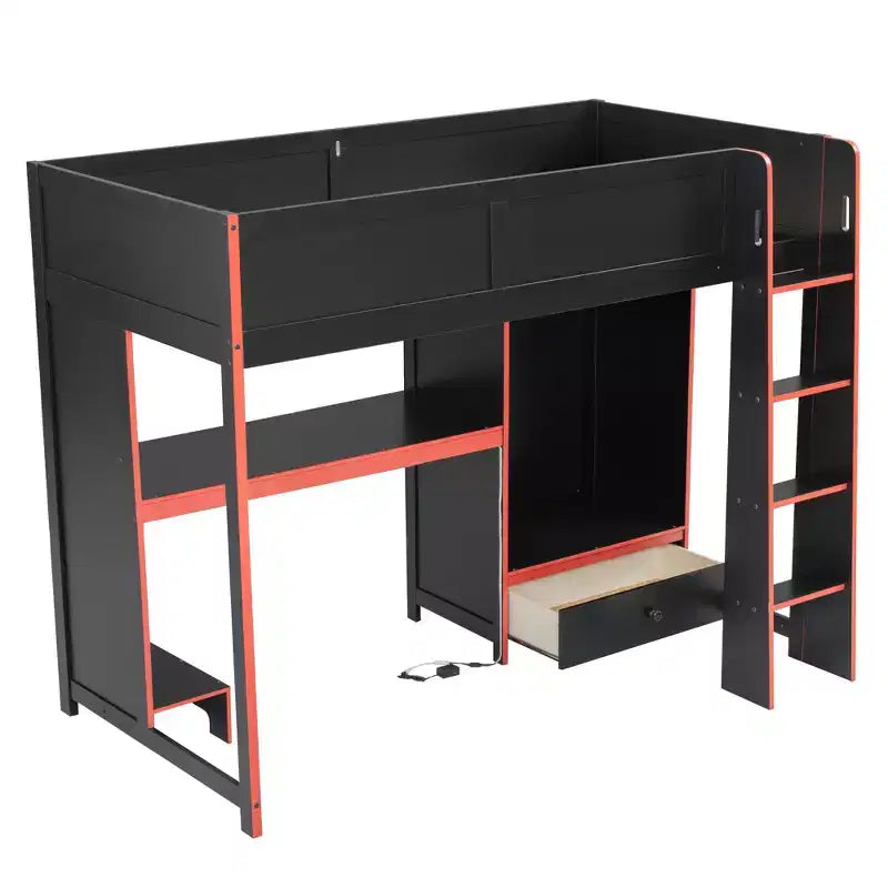Twin/Full Gaming Loft Bed with Desk and LED Lights, Wood Loft Bed with Built-in Wardrobe and Drawers