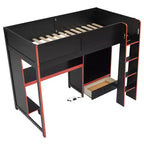 Twin/Full Gaming Loft Bed with Desk and LED Lights, Wood Loft Bed with Built-in Wardrobe and Drawers