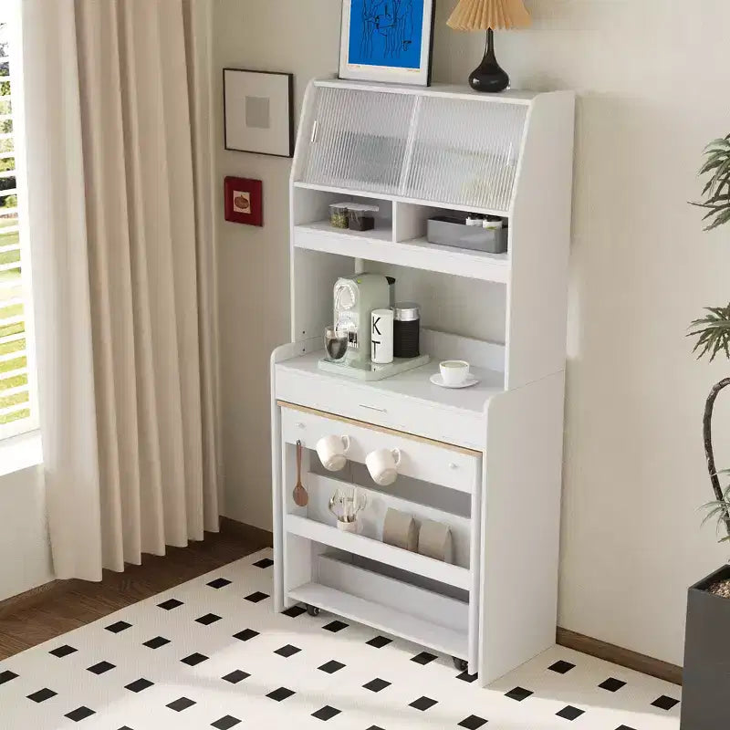 Versatile Buffet Hutch with Foldable Dining Table, Storage Shelf and Side Hooks