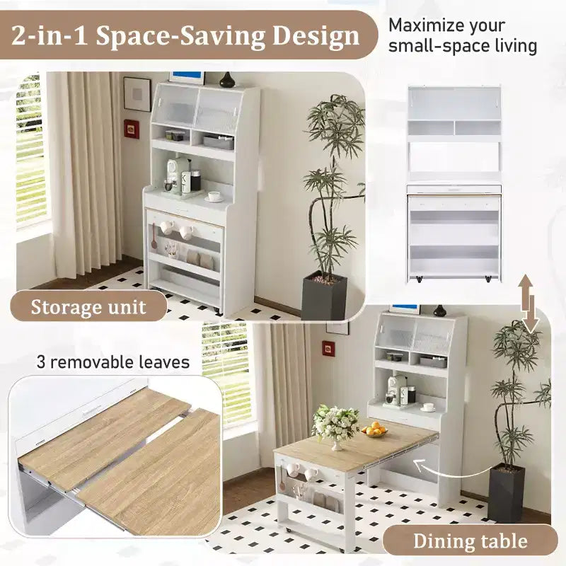 Versatile Buffet Hutch with Foldable Dining Table, Storage Shelf and Side Hooks