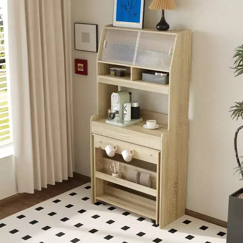 Versatile Buffet Hutch with Foldable Dining Table, Storage Shelf and Side Hooks