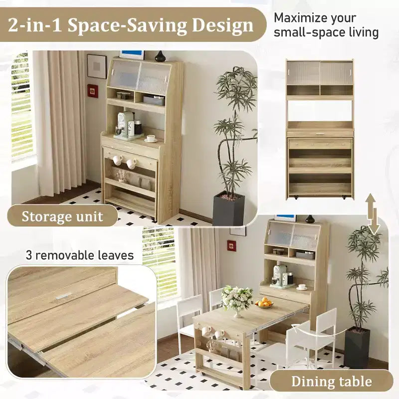 Versatile Buffet Hutch with Foldable Dining Table, Storage Shelf and Side Hooks
