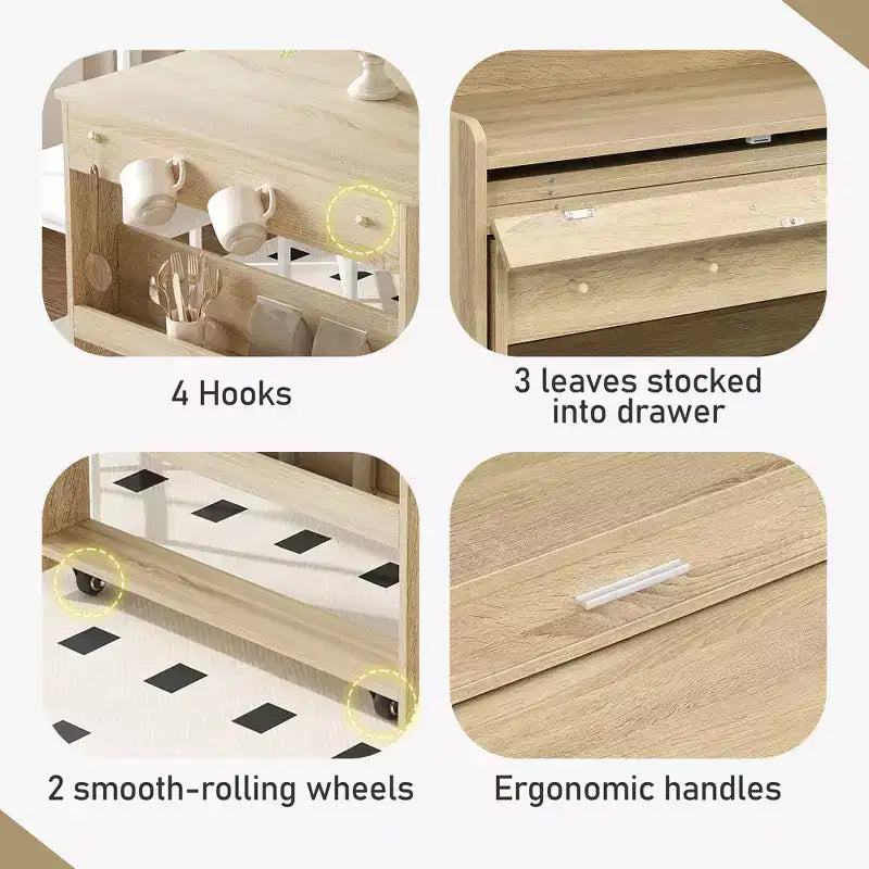 Versatile Buffet Hutch with Foldable Dining Table, Storage Shelf and Side Hooks