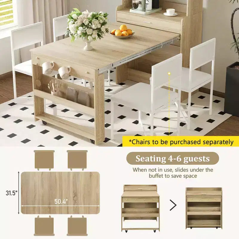 Versatile Buffet Hutch with Foldable Dining Table, Storage Shelf and Side Hooks