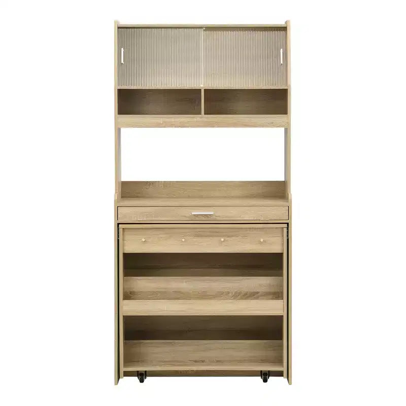 Versatile Buffet Hutch with Foldable Dining Table, Storage Shelf and Side Hooks