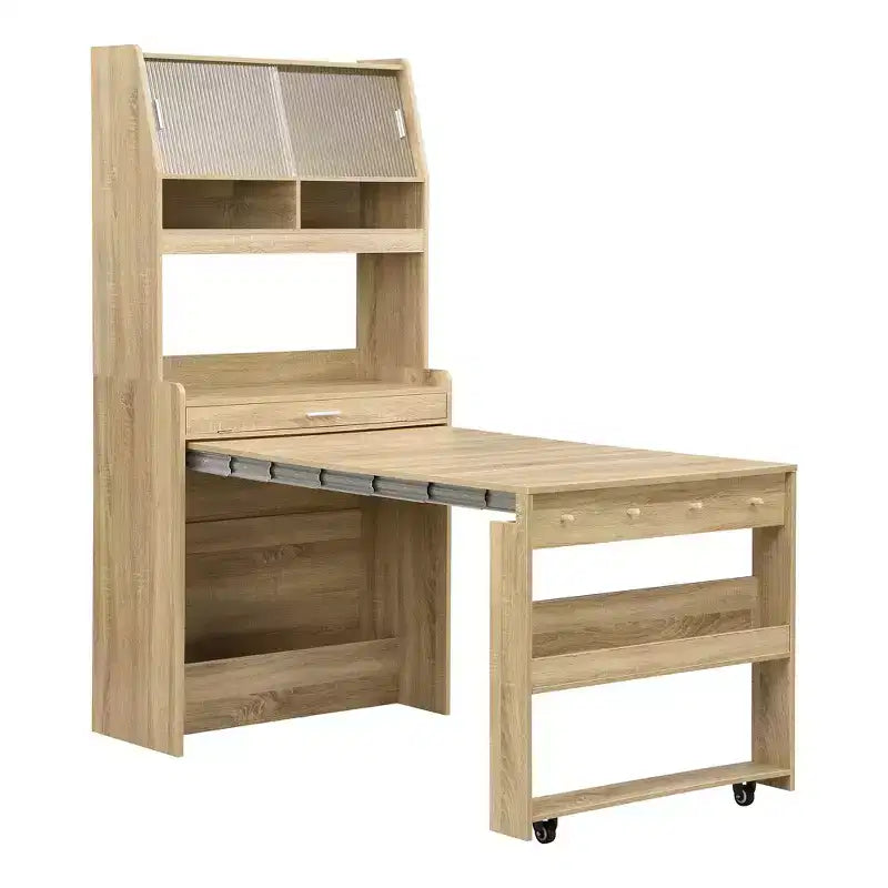Versatile Buffet Hutch with Foldable Dining Table, Storage Shelf and Side Hooks