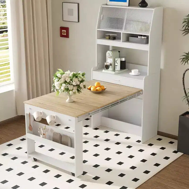 Versatile Buffet Hutch with Foldable Dining Table, Storage Shelf and Side Hooks