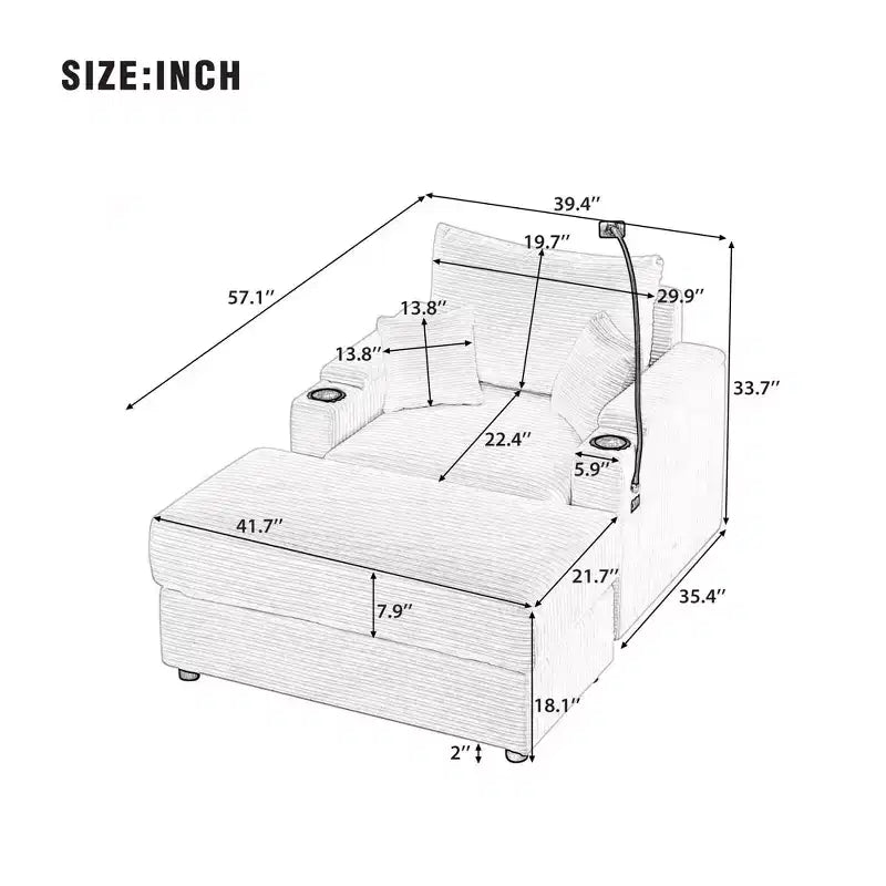 41.7 Modern Single Sofa with Storage Ottoman Two Cup Holders for Living Room Gray