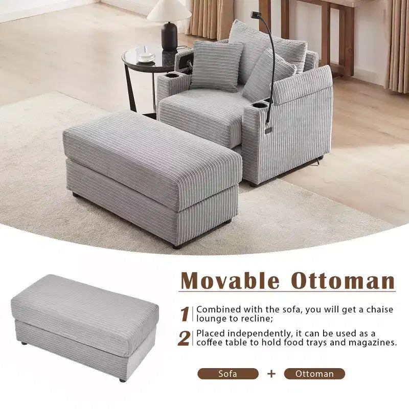 41.7 Modern Single Sofa with Storage Ottoman Two Cup Holders for Living Room Gray